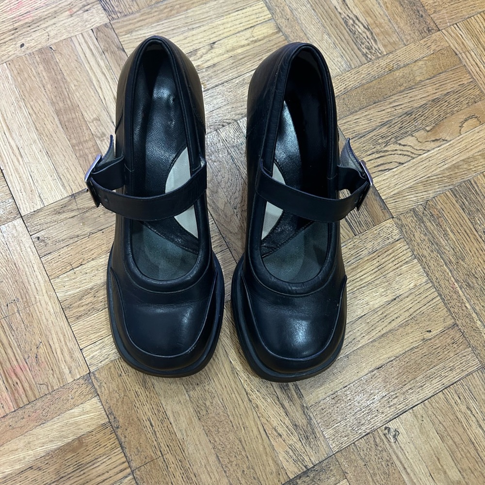 John Fluevog Black Leather Mary Jane Platform Clogs